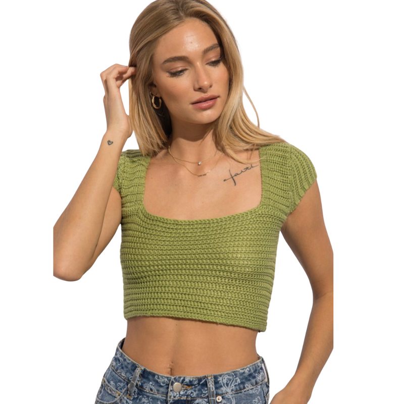 Crochet Cropped  Top - Green - Pink Peach Boutique