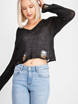 Black Cropped Sweater - Pink Peach Boutique