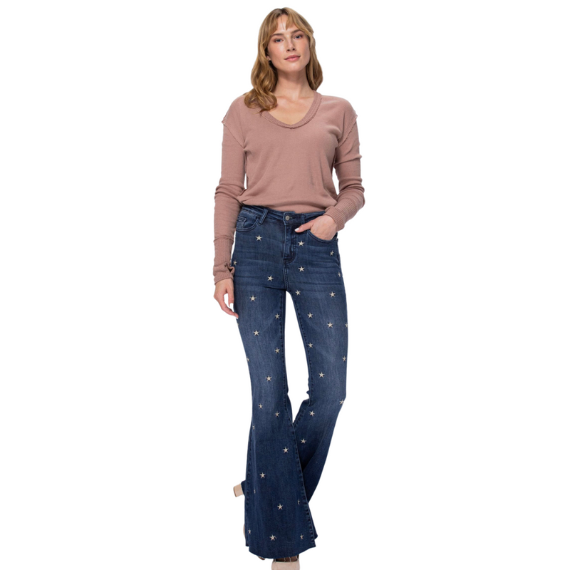 Star Embroidered Super Flare Jeans - Pink Peach Boutique