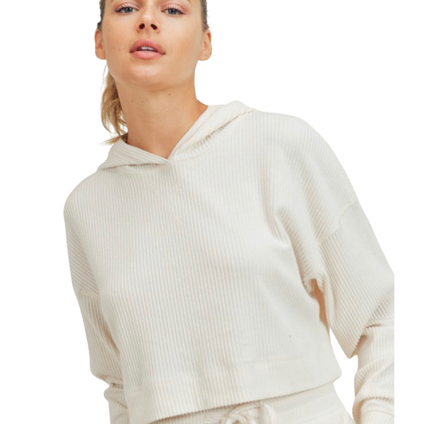 Ribbed Cropped Hoodie - Ivory - Pink Peach Boutique