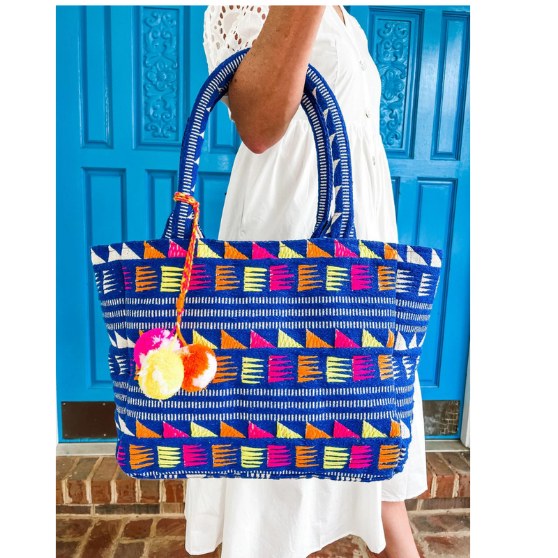 Blue Embroidered Tote - Pink Peach Boutique