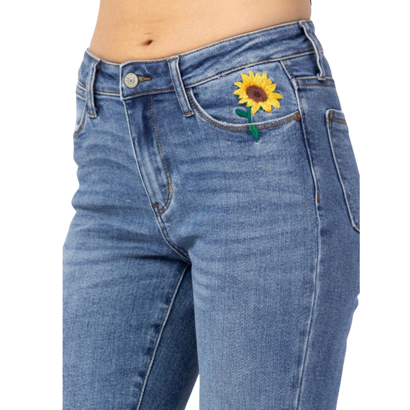 Judy Blue Relaxed Fit Sunflower Embroidered Jeans - Pink Peach Boutique