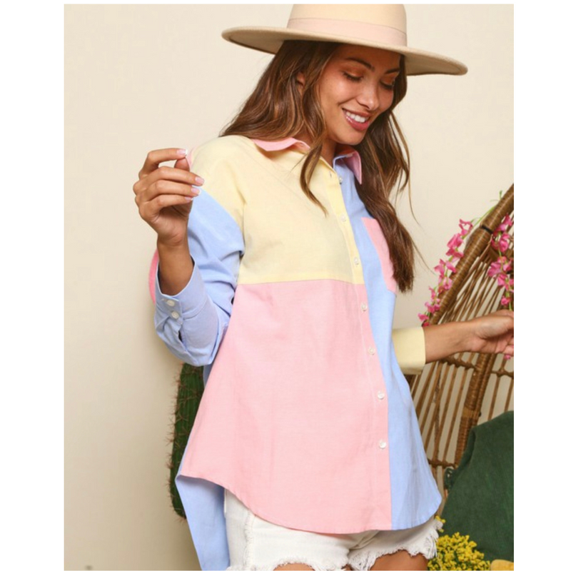 color block button down shirt - pink peach boutique