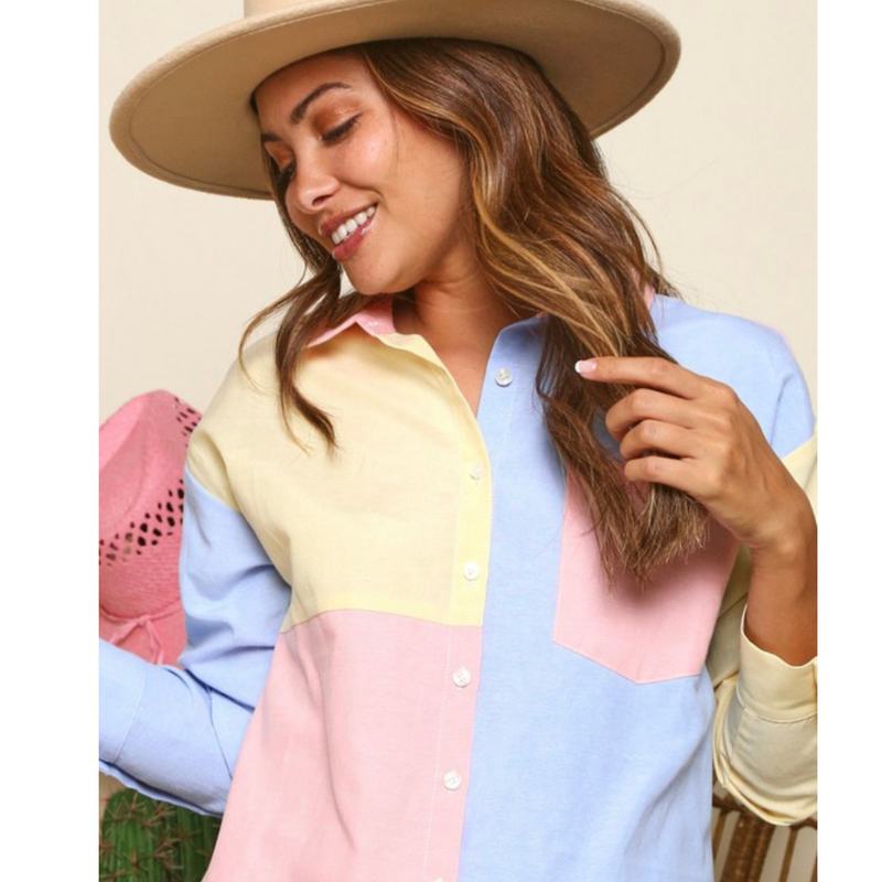 color block button down shirt - pink peach boutique