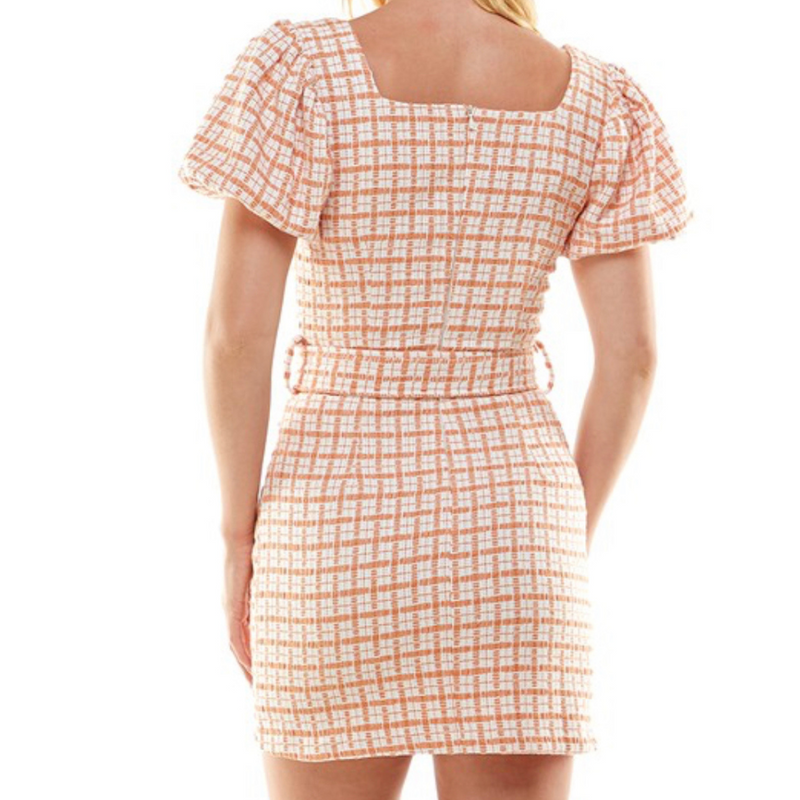 Puff Sleeve Gingham Tweed Dress - Orange - Shop Amour Boutique