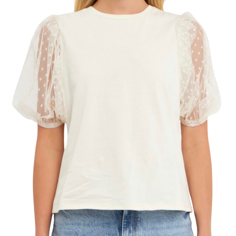 Mesh Dot Puff Sleeve Top