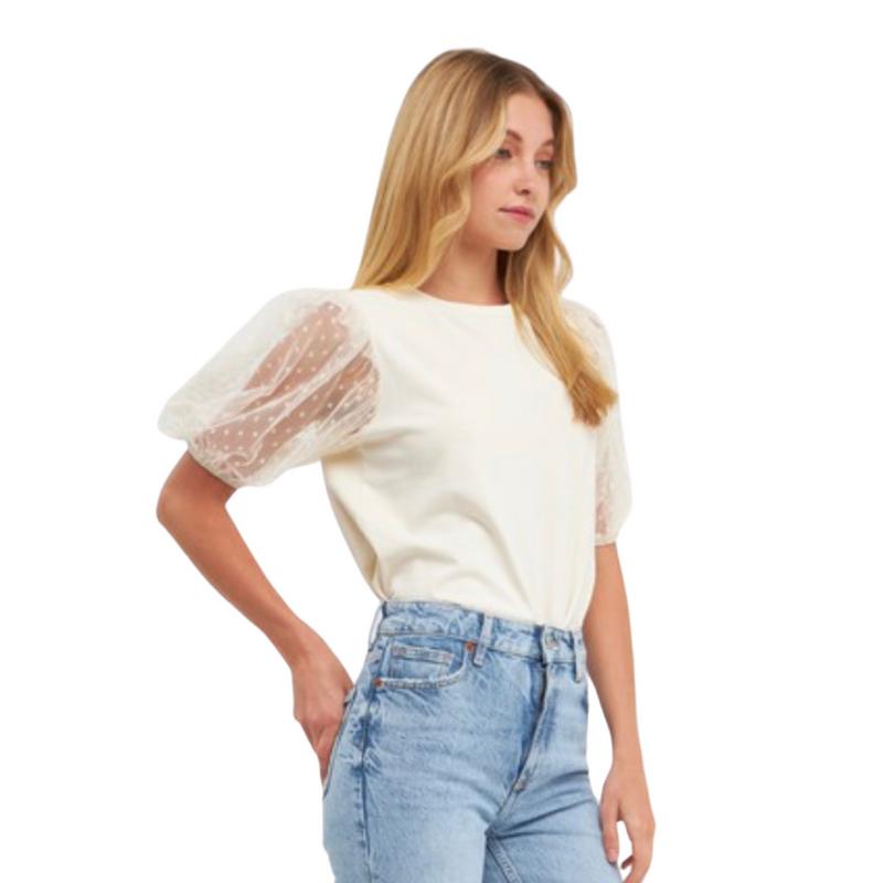 Mesh Dot Puff Sleeve Top Shop Amour Boutique