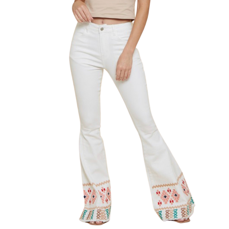 White Embroidered Flare Jeans - Pink Peach Boutique