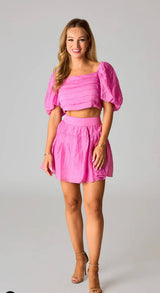 buddy love pink cutie matching set puff sleeves with front pleats mathcing skirt - pink peach boutique