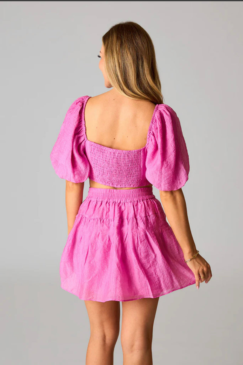 buddy love pink cutie matching set puff sleeves with front pleats mathcing skirt - pink peach boutique