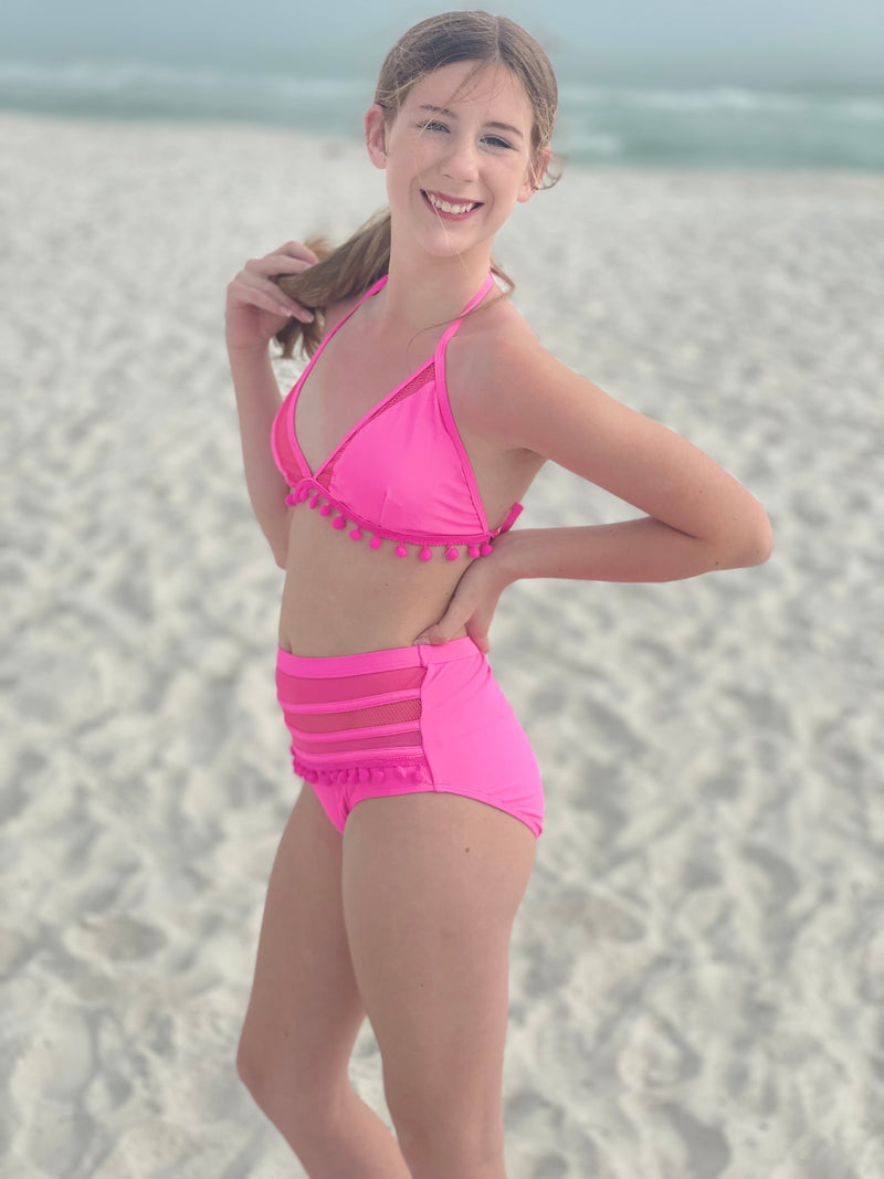 Pink Pom Pom High Waisted Bikini - Shop Amour Boutique